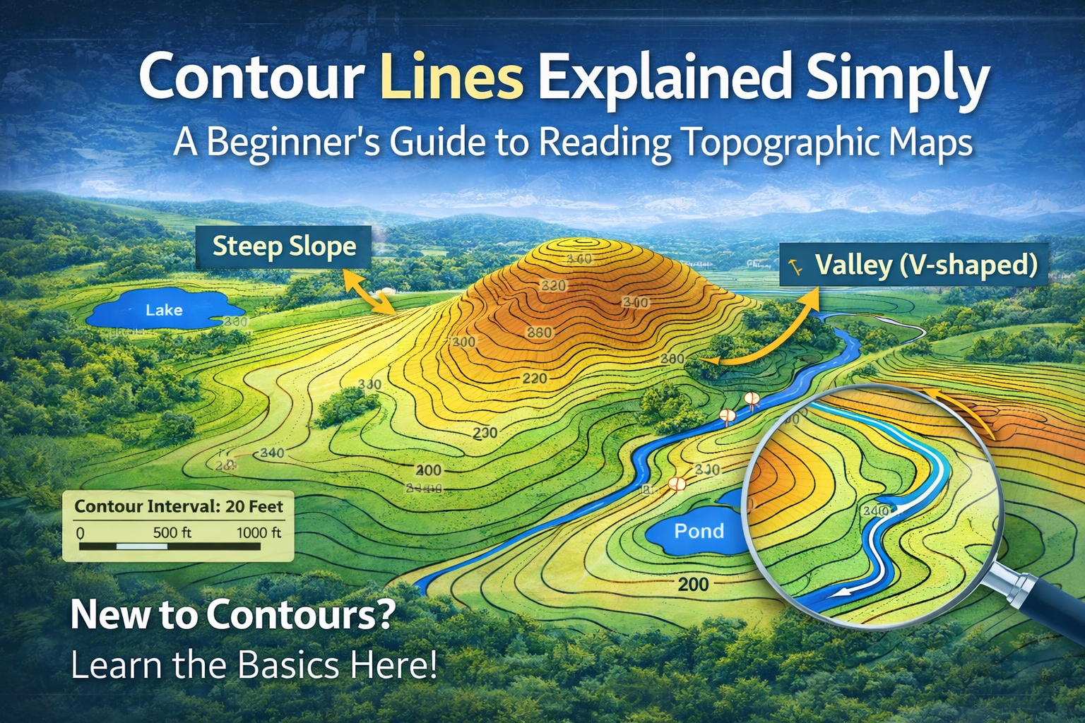 Illustration explaining contour lines and contour interval with a hill, river, lake, and valley showing steep slopes and V-shaped contours on a topographic map.