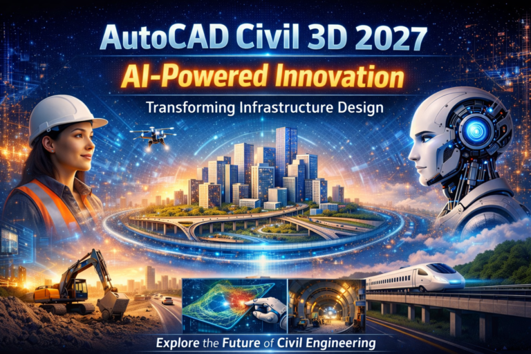 AutoCAD Civil 3D 2027 feature image showing AI-powered infrastructure design with a futuristic smart city, civil engineer, robotic AI system, highways, construction machinery, and modern transport technologies