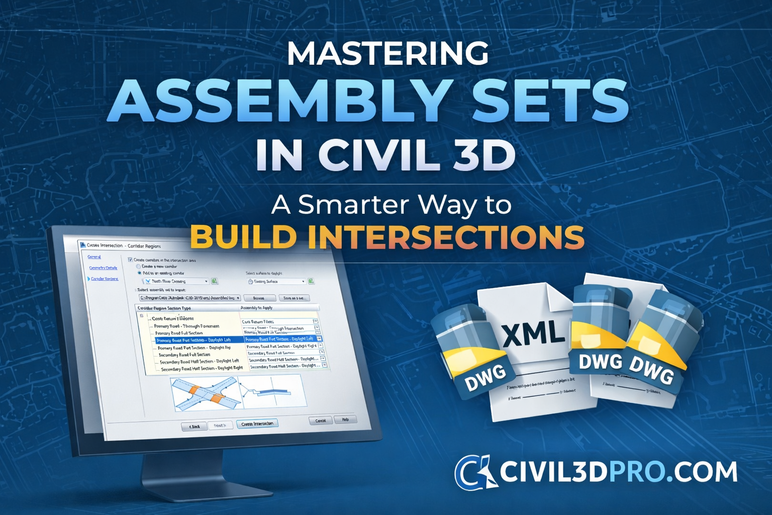 Mastering Assembly Sets in Civil 3D showing intersection creation interface with XML and DWG files for corridor region design