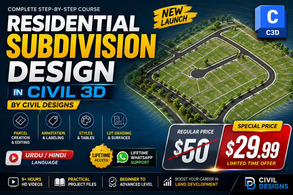 Course thumbnail for Residential Subdivision Design in Civil 3D, covering parcels, lot grading and surfaces